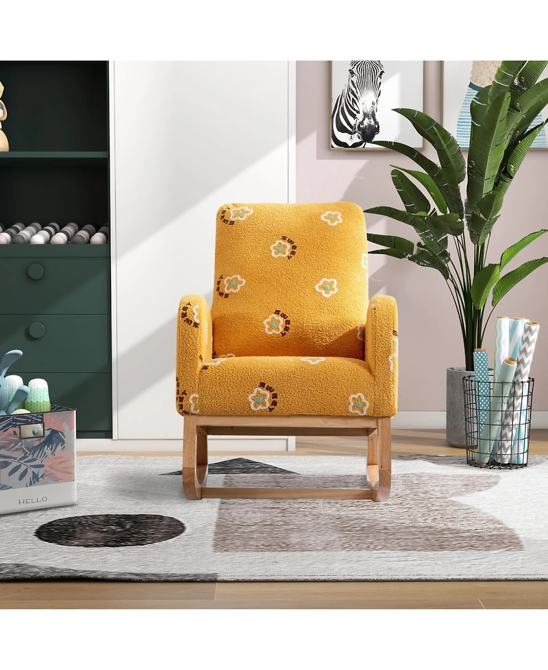 Flynama Mustard Boucle Modern Nursery Rocking Chair Mid Century Accent Armchair Side Pocket High Back Wooden Legs for Living Room Kids Bedroom