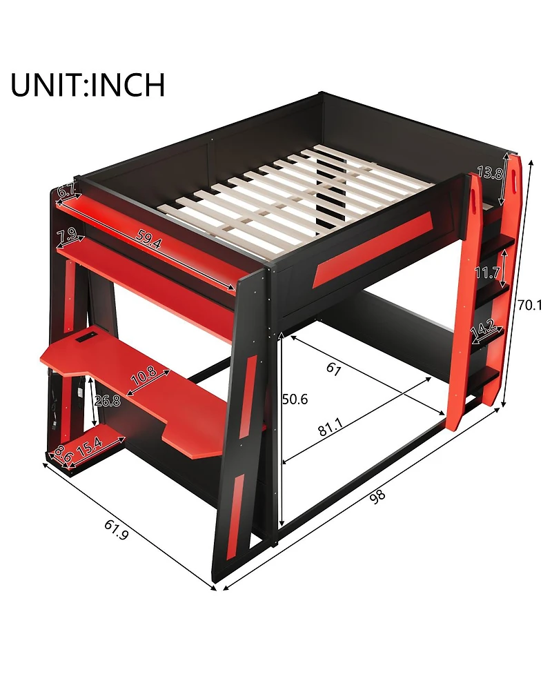 Streamdale Furniture Wooden Gaming Bunk Bed with Desk, Usb & Led Lights