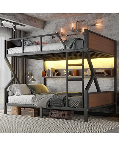 Streamdale Furniture Queen over Queen Bunk Bed with Storage Shelves and Lights