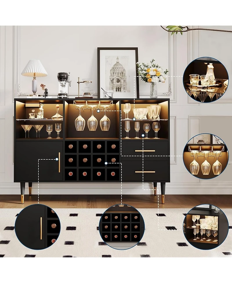 gaomon 47" Wood Led Light & Charging Station Wine Bar Cabinet