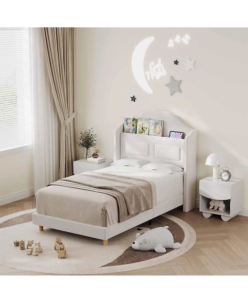 gaomon Upholstered Velvet Cute Platform Bed with Wingback, Storage Bookcase Headboard & Led Lights