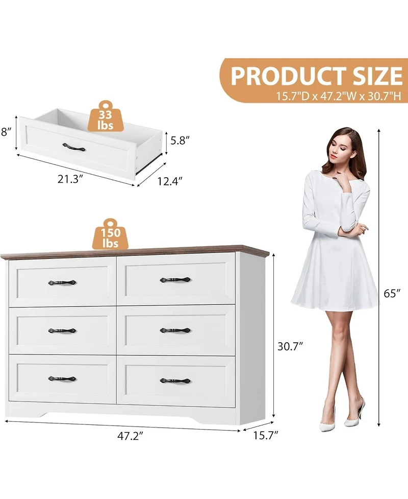 Gaomon 6-Drawer Dresser, Farmhouse Wooden Storage Chest with Wide Handles for Bedroom, Living Room