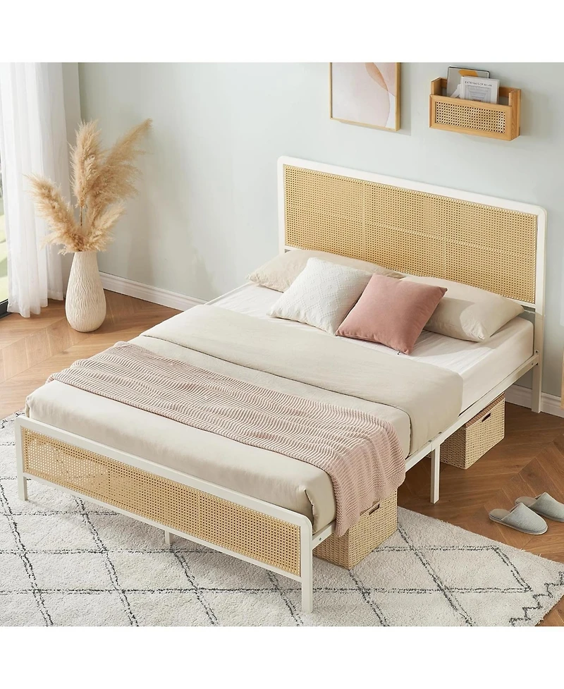 Gaomon Queen Size Rattan Bed Frame with headboard, modern boho cane design, sturdy steel slat support