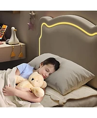 gaomon Twin Upholstered Smart Led Bed Frame with Adjustable Bear Headboard, Storage Drawer, Velvet Princess Platform