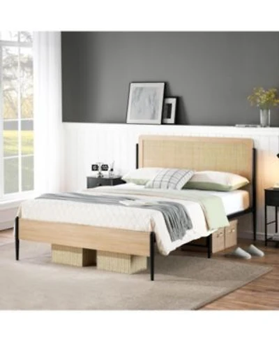 Gaomon Metal Bed Frame With Rattan Headboard Wooden Footboard Boho Style Platform Bed Frame With Underbed Storage Space Noiseless