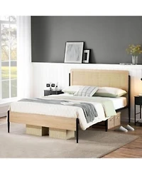 Gaomon Metal Bed Frame With Rattan Headboard Wooden Footboard Boho Style Platform Bed Frame With Underbed Storage Space Noiseless