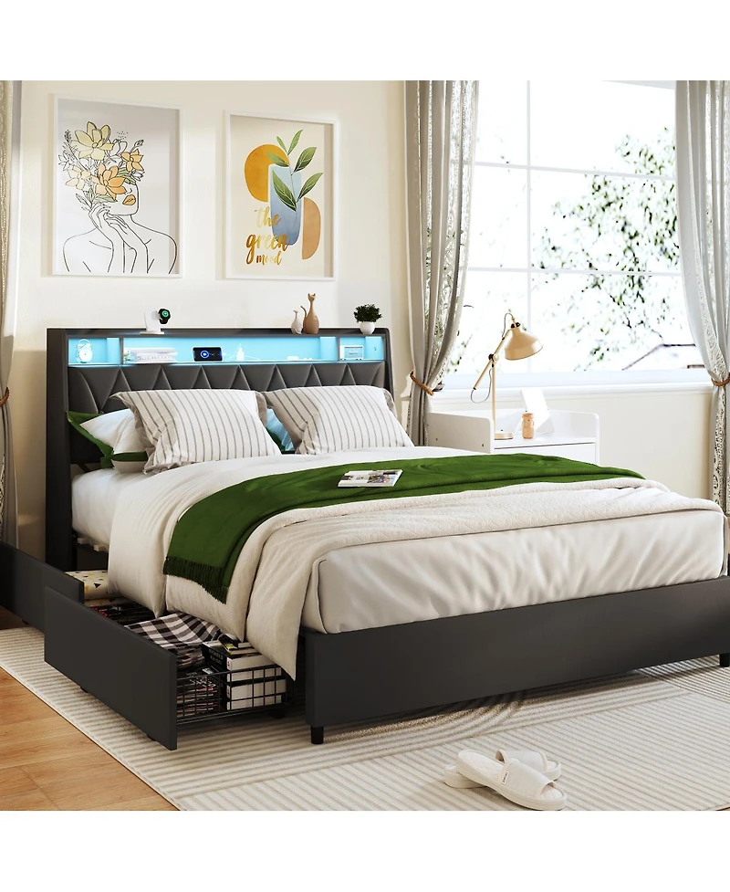 Streamdale Furniture Bed Frame with Ergonomic Headboard, Outlets, Led Light & Shelf