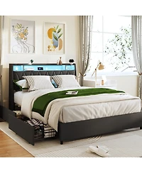 Streamdale Furniture Bed Frame with Ergonomic Headboard, Outlets, Led Light & Shelf