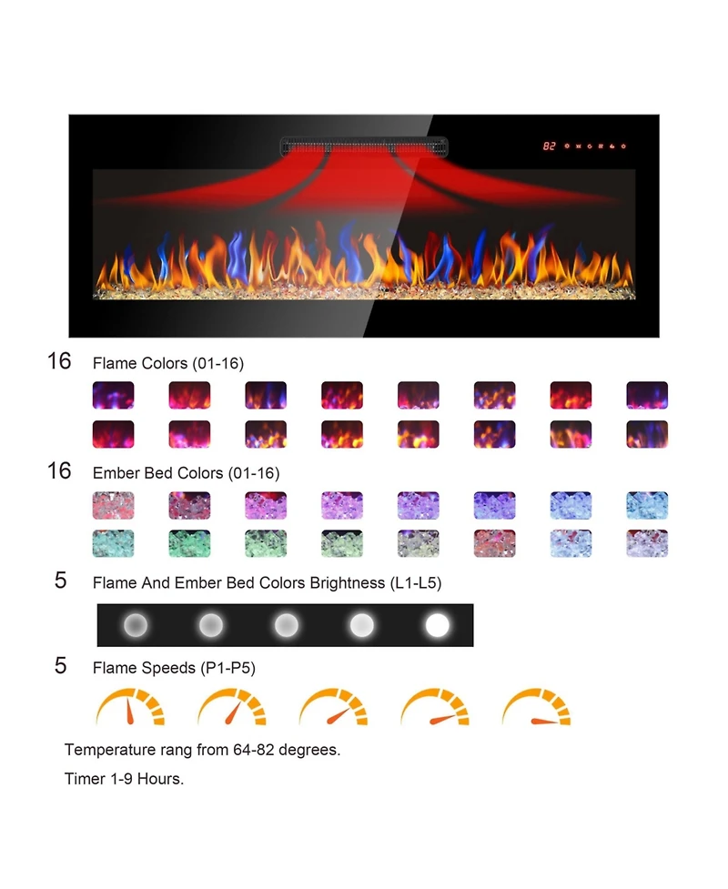 Flynama 36 inch recessed ultra thin tempered glass front wall mounted electric fireplace and multi color flame & emberbed, Led light heater