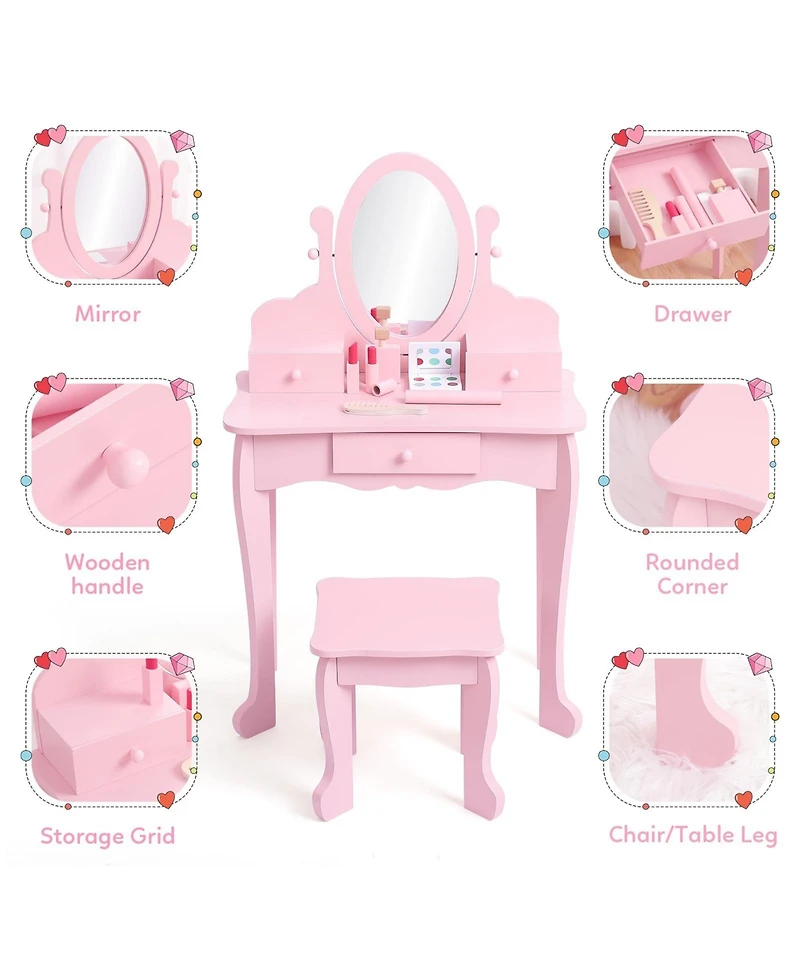 gaomon Kids Vanity Set with Adjustable Mirror & Stool,Wooden Toddler Drawers,Pretend Makeup Dressing Table for Little Girls