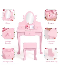 gaomon Kids Vanity Set with Adjustable Mirror & Stool,Wooden Toddler Drawers,Pretend Makeup Dressing Table for Little Girls