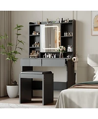 gaomon Vanity Desk with Mirror and Lights, for Bedroom, Includes Padded Stool, Easy to Assemble, Storage Drawers, Usb Outlets