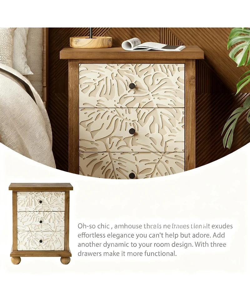 Yigii Rustic 3-Drawer Nightstand with Leaf Carvings