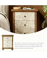 Yigii Rustic 3-Drawer Nightstand with Leaf Carvings