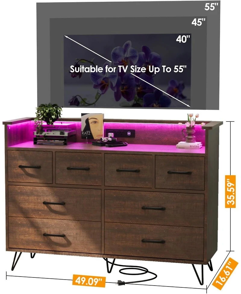 gaomon 8 Drawer Bedroom Dresser with Led Lights & Charging Station, Vintage Wide Chest