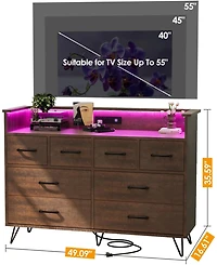 gaomon 8 Drawer Bedroom Dresser with Led Lights & Charging Station, Vintage Wide Chest