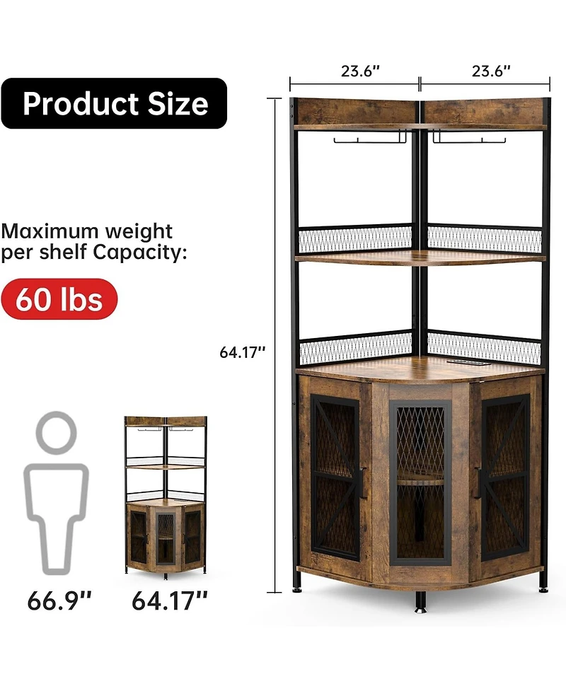 gaomon Corner Bar Cabinet with Led Strip 5-Tiers Industrial Bar Cabinet with Power Outlet & Glass Holder Wine Cabinet for Home Bar Display Cabinet