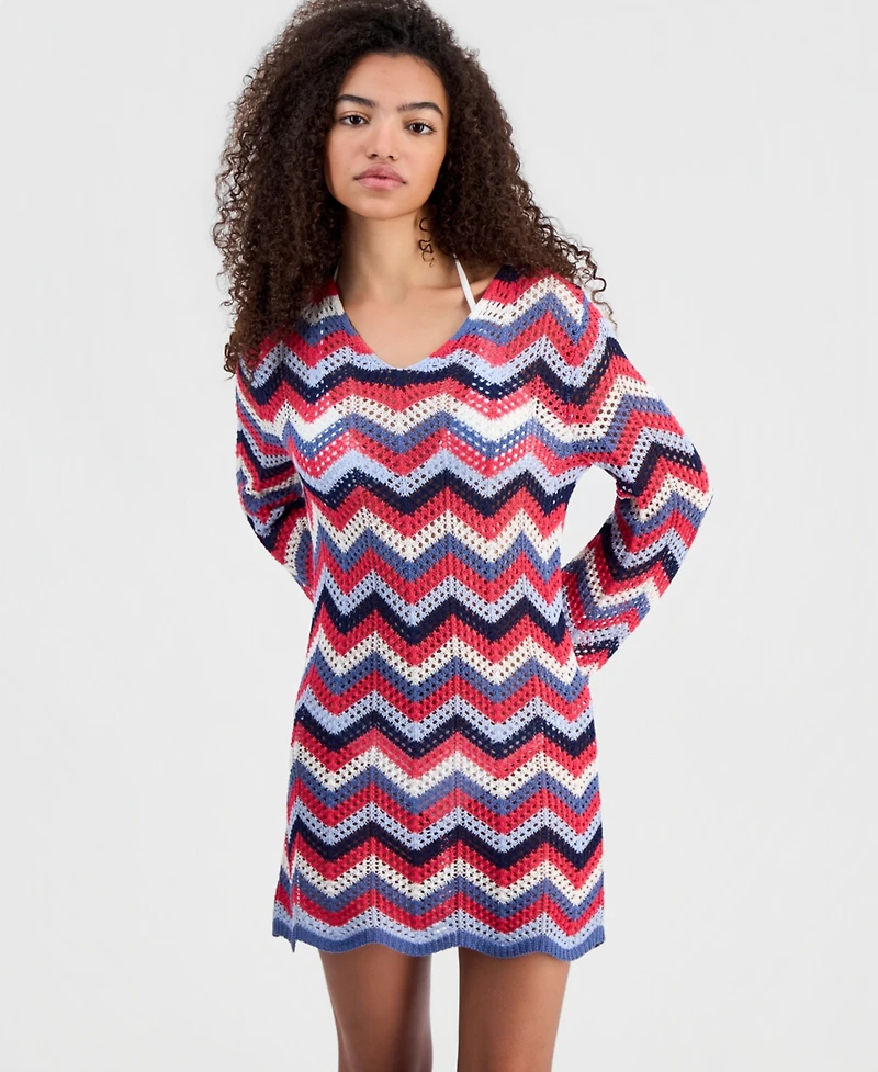 Miken Women's Long-Sleeve Chevron Swim Cover Up Dress, Macy's Exclusive