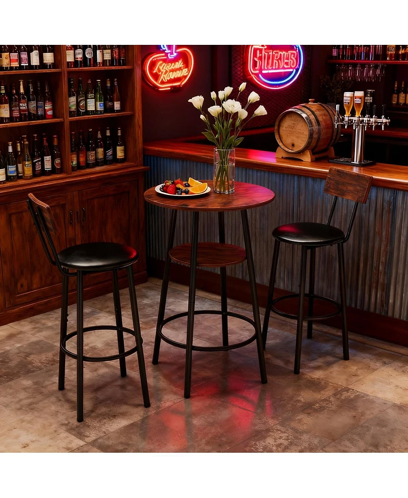 Streamdale Furniture Rustic Brown 3-Piece Round Bar Table & 2 Stools Set