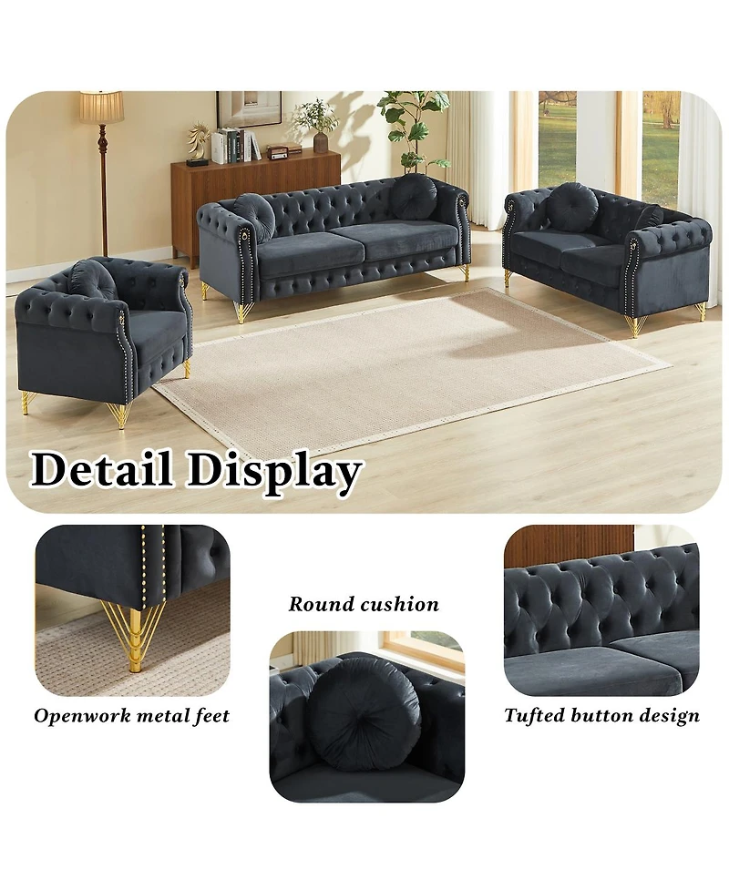 Streamdale Chesterfield Sofa with Copper Studs & Tufted Buttons, Metal Legs
