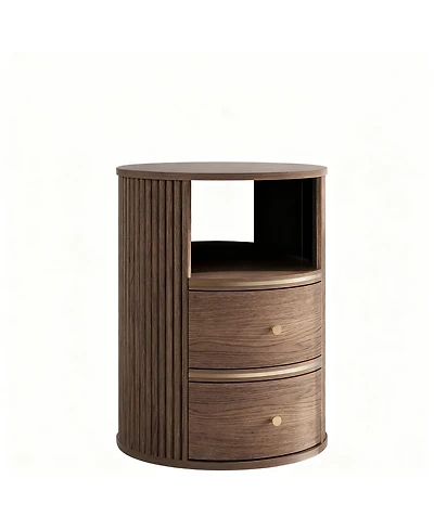 Yigii Mid-Century Walnut Fluted End Table with 2 Drawers & Open Shelf