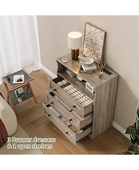 Gaomon Small Wood Dresser with 3 Drawers, Wooden Charging Station and Led Lights for Bedroom Closet Bedside Nightstand