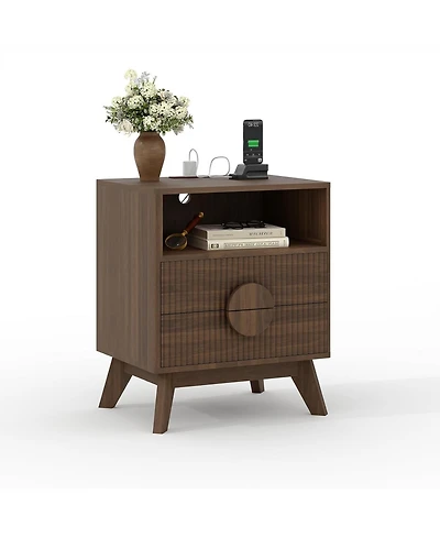 gaomon Fluted Night Stand Wood Tall Nightstands with Charging Station