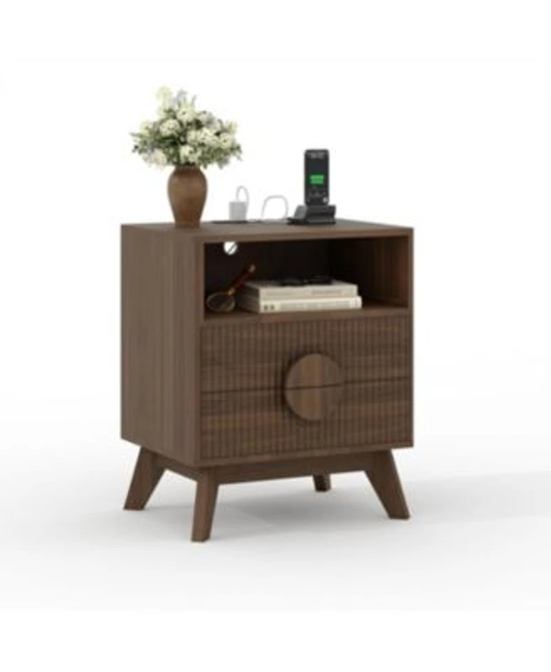 Gaomon Fluted Night Stand Wood Tall Nightstands With Charging Station End Table With 2 Drawers