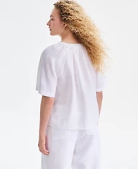 Charter Club Women's 100% Linen Embellished-Neck Elbow-Sleeve Top, Macy's Exclusive