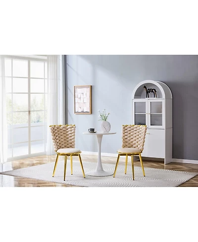 Streamdale Furniture Set of 2 Modern Luxury Velvet Dining Chairs with Gold Legs & Woven Rope