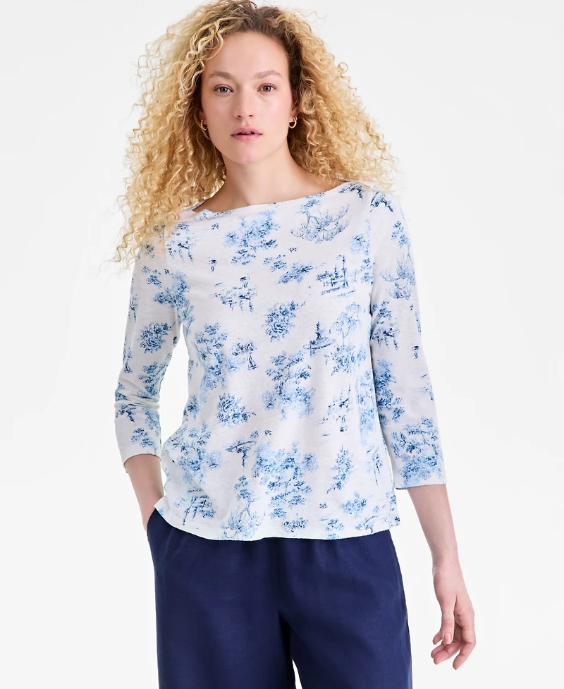 Charter Club Women's Linen Blend Boat-Neck 3/4-Sleeve Top, Macy's Exclusive