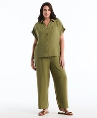 Rafaella Plus Size Roll Short Sleeve Shirt Drawstring Wide Leg Pants