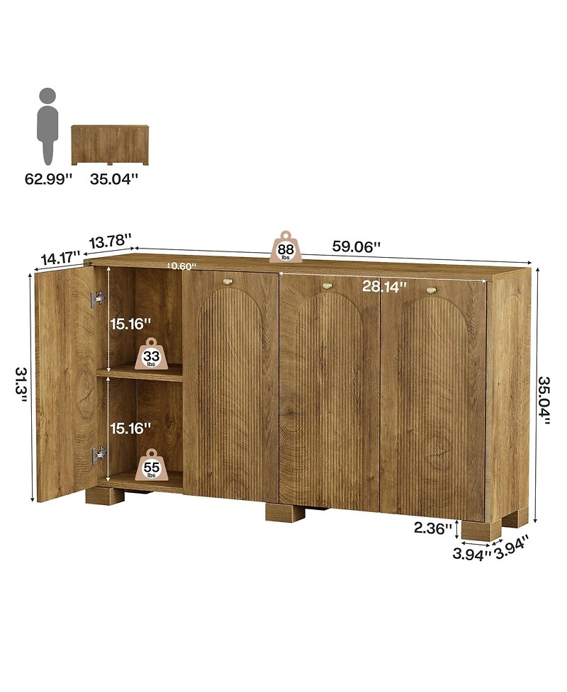 Tribesigns 59" Sideboard, 4-Door Storage Cabinet with Shelves, Buffet Tv Stand, Modern Vintage Coffee Bar Cabinet