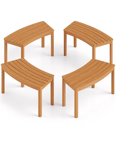 Gymax Outdoor Curved Acacia Wood Bench Set of 4 Patio Garden Backless Fire Pit Bench