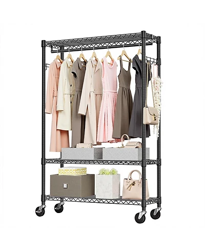 Rainsken Heavy Duty Garment Rack on Wheels, 3 Tiers Adjustable Wire Shelving, Clothes Rack with 1 Rods and Side Hooks for Bedroom and Wardrobe