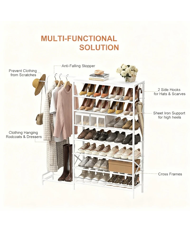 Yigii 3-in-1 Shoe & Coat Rack, 8 Tier Storage, Adjustable Hooks, Sturdy Frame