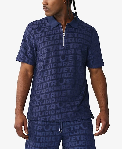 True Religion Men's Short-Sleeve Logo Terry Knit Zip Shirt