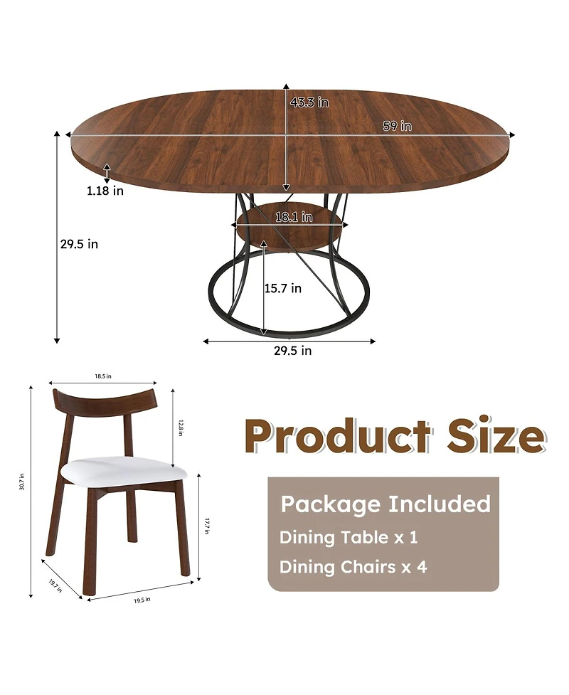 Streamdale Furniture 43" Round Extendable Dining Table Set for 4-6 with 4 Solid Wood Chairs
