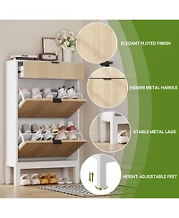 gaomon Farmhouse Shoe Cabinet with 2 Flip Drawers – Slim Fluted Shoe Organizer with Metal Legs for Entryway