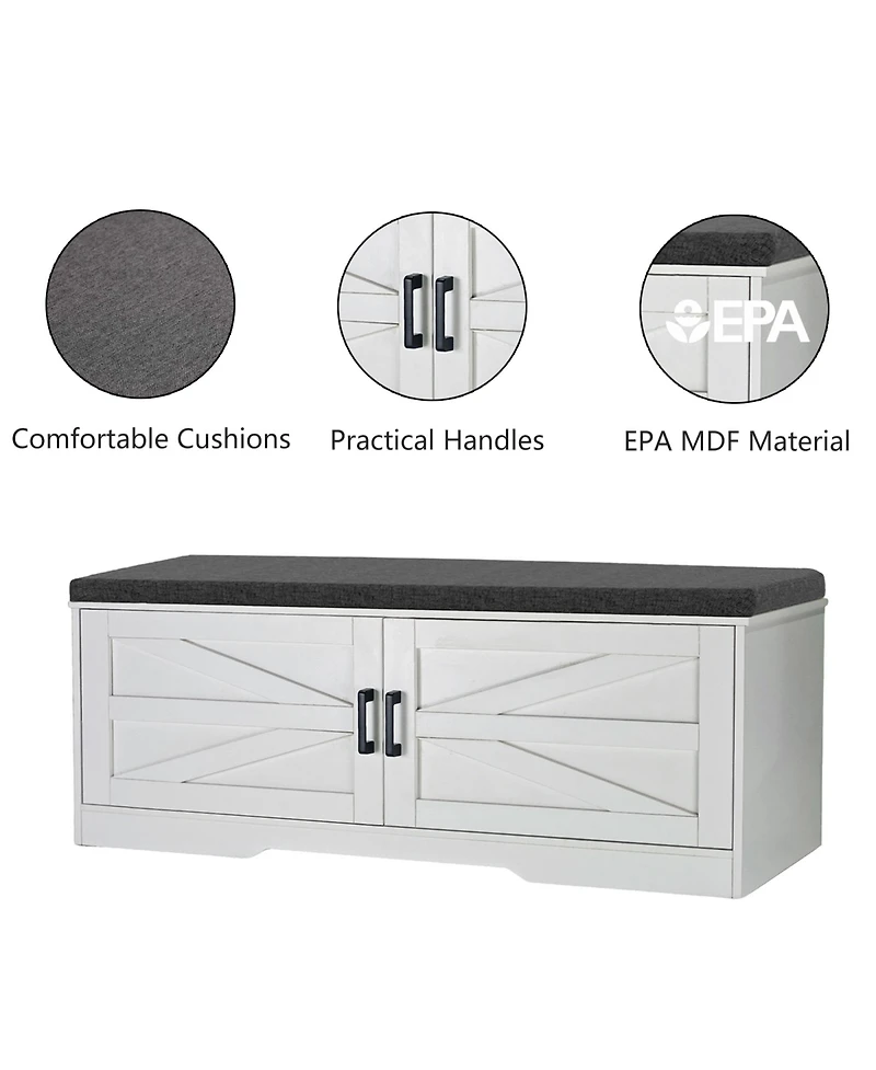 Rainsken 2-Tier Storage Bench, Modern Entryway Bench with Soft Cushions, 2 Barn Doors and 2 Adjustable Shelves for Foyer, Living Room and Hallway