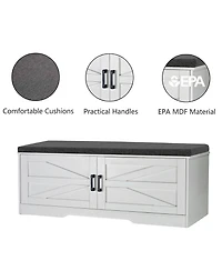 Rainsken 2-Tier Storage Bench, Modern Entryway Bench with Soft Cushions, 2 Barn Doors and 2 Adjustable Shelves for Foyer, Living Room and Hallway