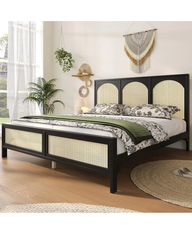 Streamdale Furniture Queen Wood Platform Bed with Rattan Headboard/Footboard