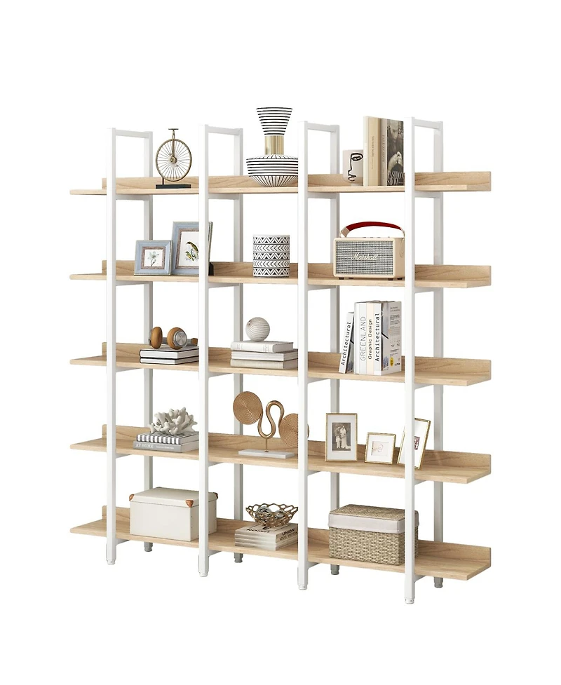 Streamdale Furniture 5 Tier Bookcase, Vintage Industrial Style Shelf, White Metal Frame, Oak