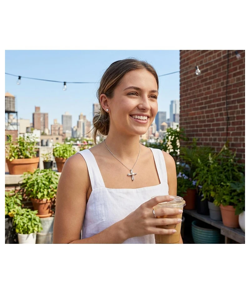 Bling Jewelry Elegant Simulated Pearl Infinity Cross Necklace & Classic 8MM Pearl Stud Earrings Jewelry Set Sterling Silver