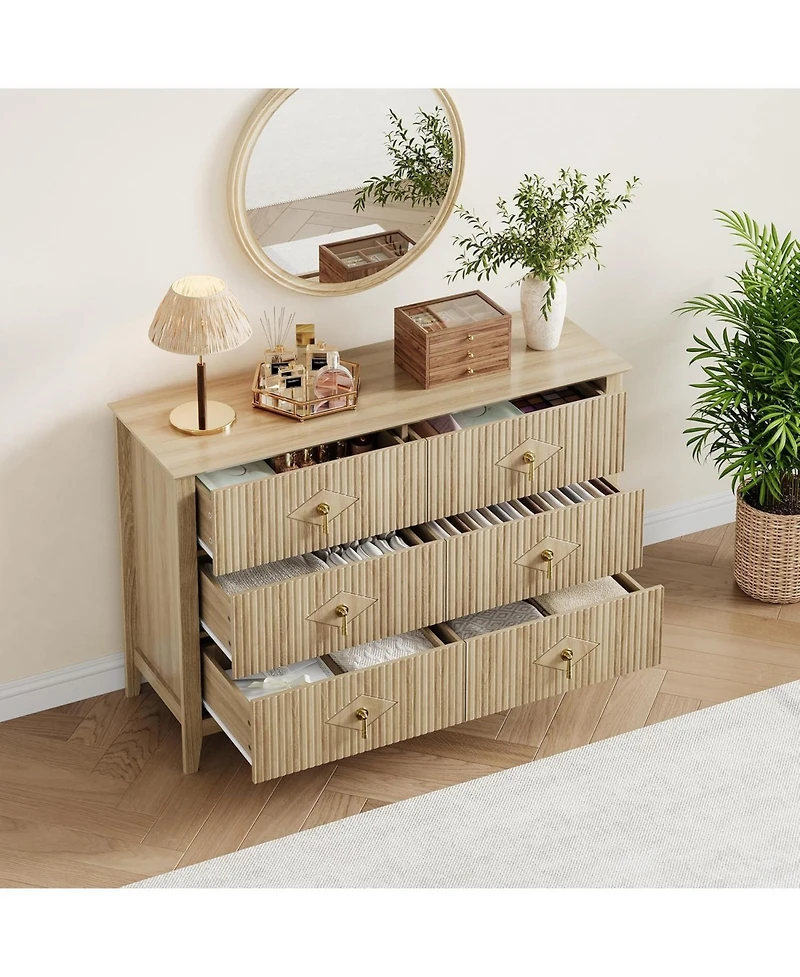 gaomon Fluted 6 Drawer Dresser, 47.2" Wide Modern Wooden Chest for Bedroom, Living Room, Entryway, Natural Oak