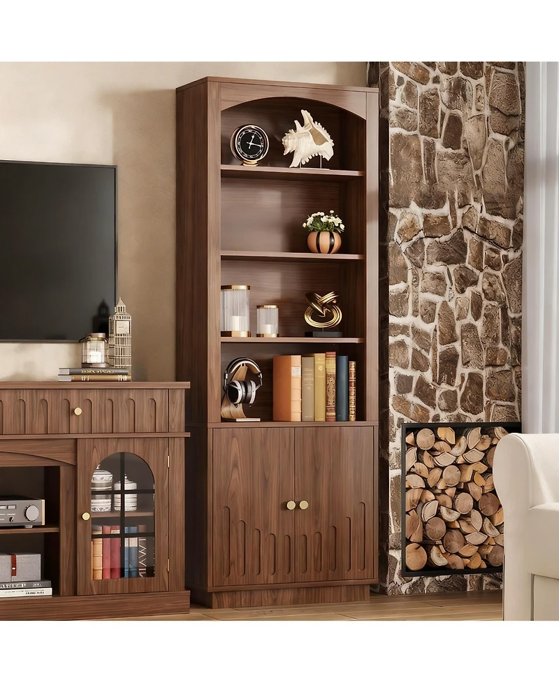 Yigii Mid-Century Walnut 6-Tier Bookshelf, Home Office & Living Room