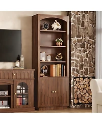 Yigii Mid-Century Walnut 6-Tier Bookshelf, Home Office & Living Room