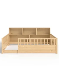 Streamdale Furniture Wooden floor bed with fence guardrail & side storage.