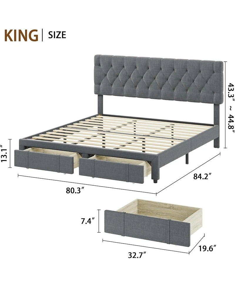 gaomon Full Bed Frame, Upholstered Platform Frame with Storage Drawers, Mattress Foundation Solid Wooden Slats Support,