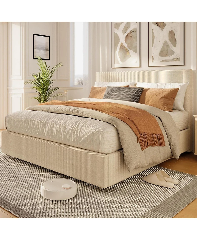 gaomon Size Platform Bed Frame with Tufted Wingback Headboard, Corduroy Upholstered Bed